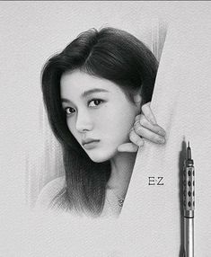 a pencil drawing of a woman peeking out from behind a piece of paper with the word ez written on it