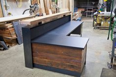 a work bench made out of wood and metal