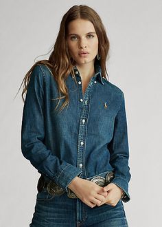 Ralph Lauren Denim Shirt, Fitted Denim Shirt, Ralph Lauren Women, Levi’s 501, Plaid Skirt, Light Blue Denim, Ralph Lauren Womens