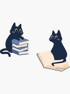 a black cat sitting on top of a pile of books next to an open book