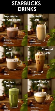 there are many different types of drinks on the table with names in each mugs