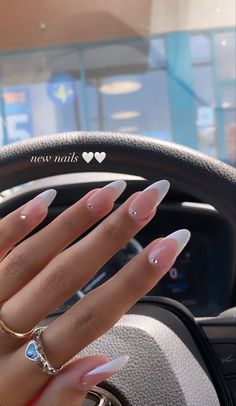 Nails Circle Shape, Cute Gem Designs On Nails, Single Gem Nails, Birthday Nail Set Ideas Almond Shape, French Tip With Rhinestones Almond, Pageant Nails Ideas, Graduation Nails Acrylic 2024, Nails That Go With Royal Blue Dress, Almond Nails 2024