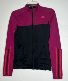 Adidas Women's Track Jacket Size Small Climalite Plum Black & Contrast Stripes | eBay Adidas Long Sleeve Track Jacket For Training, Adidas Long Sleeve Activewear For Training, Adidas Fall Sports Track Jacket, Adidas Black Track Jacket For Training, Adidas Fitted Long Sleeve Activewear, Adidas Fall Track Jacket For Sports, Long Sleeve Activewear For Winter Sports, Adidas Sportswear For Training, Adidas Moisture-wicking Track Jacket For Training