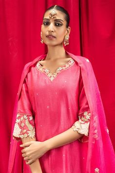 Buy Dohr India Pink Rani Sequin Placement Embroidered Kurta Set Online | Aza Fashions Festive Salwar Kameez With Zari Work For Reception, Resham Embroidered Dola Silk Kurta For Reception, Dola Silk Kurta With Resham Embroidery For Reception, Dola Silk Kurta With Gota Work In Traditional Drape, Dola Silk Kurta With Gota Work, Kundan Straight Kurta Set For Transitional Season, Bollywood Style Kurta With Resham Embroidery For Reception, Navratri Chanderi Sets With Resham Embroidery, Eid Reception Traditional Wear With Gota Work