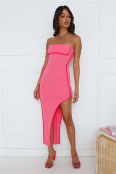 Length from bust to hem of size S: 135cm Chest 36cm, Waist 29cm, size S. Midi dress. Semi-lined. Model is a standard XS and is wearing size XS. True to size. Stretch. Asymmetrical skirt. Pink trimming. Split. Zipper. Cold hand wash only. Polyester/Spandex. Level up your 'fit with the Casino Queen Midi Dress. Featuring an asymmetrical skirt and pink trimming. Style with heels to have all the attention on you. Pink Asymmetrical Midi Dress, Chic Asymmetrical Pink Midi Dress, Pink Fitted Midi Length Asymmetrical Dress, Pink Stretch Midi Dress With V-neck, Pink Midi-length Dress With Cutout, Midi Dress Pink, Dress Date Night, First Day Outfit, Bridal Shower Dress