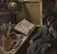 a painting of a man sitting at a desk with an open book in front of him