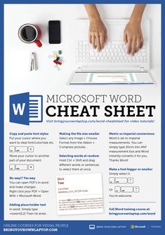 a person typing on a computer keyboard with the words microsoft word cheat sheet below it