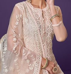 Dusty Peach Designer Embroidered Party Wear Lucknowi Pant Suit-Saira's Boutique Cotton Thread Embroidery, Top Net, Dusty Peach, Peach Fabric, Pant Suit, Thread Embroidery, Silk Dupatta, Cotton Thread, Fabric Color