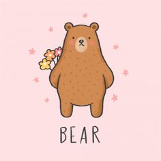 a brown bear holding a flower in its hand with the word bear on it's chest