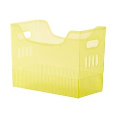 a yellow plastic bin with holes in the middle and sides on it's sides