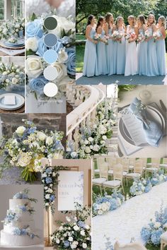 blue and white wedding color palettes for the bride's bouquet, flowers, and cake