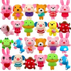 a bunch of stuffed animals that are all different colors