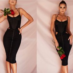 two photos of a woman in a black dress with red roses on her chest and one wearing a corset