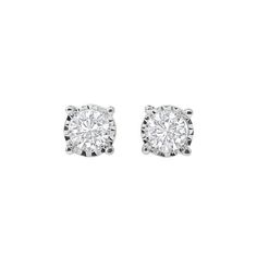 Add a bit of sparkle to her look with these spectacular diamond solitaire stud earrings. Crafted in sterling silver, each earring features a shimmering round diamond artfully set with a miracle plate that makes the diamond appear larger. These stud earrings captivate with 1/2 ct. t.w. of diamonds and a polished shine. An everyday look, these earrings secure comfortably with friction backs. Size: One Size. Color: White. Gender: female. Age Group: adult. Timeless Brilliant-cut Diamond Earrings In Sterling Silver, Diamond White Single Diamond Sterling Silver Earrings, White Solitaire Diamond Earrings, Lab Grown, Classic Diamond White Earrings With Diamond Accents, White Solitaire Lab Grown Diamond Earrings, Classic White Cubic Zirconia Diamond Earrings, Classic White Gold Diamond Earrings With Accents, Classic White Solitaire Diamond Earrings, Timeless White Solitaire Diamond Earrings