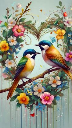 two birds sitting on top of a branch with flowers in the shape of a heart