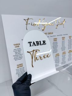 a hand holding up a table three sign in front of a white board with gold lettering