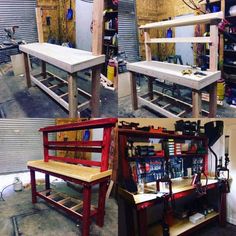 two wooden benches sitting next to each other on top of a floor in a garage