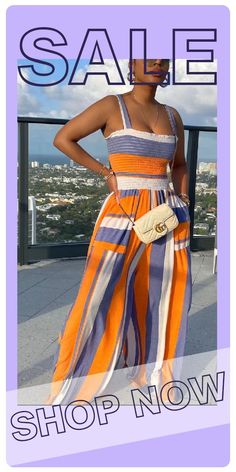 Stripe Street Print Split Joint Square Collar Straight Jumpsuits Chic Orange Jumpsuits And Rompers For Vacation, Chic Orange Jumpsuit And Romper For Vacation, Chic Orange Jumpsuits And Rompers For Beach, Chic Orange Beach Jumpsuits And Rompers, Beach Multicolor Jumpsuits And Rompers With Pockets, Trendy Striped Jumpsuits And Rompers For Summer, Trendy Striped Jumpsuits And Rompers For Vacation, Trendy Orange Summer Jumpsuits And Rompers, Trendy Orange Jumpsuits And Rompers For Beach