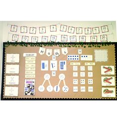 a bulletin board with several different types of numbers and words on it, along with matching cards