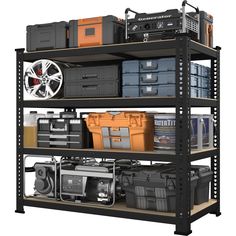 an industrial shelving unit with various tools and equipment on it's shelfs