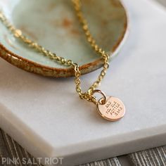 We are the Clay Gold Coin Necklace - Pink Salt Riot Spiritual Pendant Jewelry As Best Friend Gift, Spiritual Pendant Jewelry For Best Friend Gift, Adjustable Meaningful Necklace For Best Friend, Meaningful Adjustable Necklace For Best Friend, Inspirational Adjustable Necklace For Best Friend, Inspirational Nickel-free Pendant Jewelry, Meaningful Hand-stamped Pendant Jewelry, Gold Hand Stamped Spiritual Jewelry, Gold Spiritual Hand Stamped Jewelry