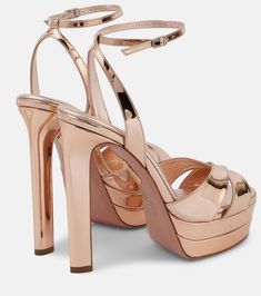 Divine mirrored leather platform sandals in gold - Aquazzura | Mytheresa Gathered Maxi Dress, Designer Beach Wear, Aquazzura Shoes, Embellished Clutch, Leather Platform Sandals, High Heel Sandals, Shoe Box, Manolo Blahnik, Platform Sandals