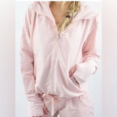 Like New. Might Be Nwot. Xs. Light Pink. Solid Stretch Outerwear For Loungewear, Stretch Solid Color Outerwear For Loungewear, Spring Solid Color Stretch Hooded Jacket, Spring Stretch Solid Hooded Jacket, Spring Long Sleeve Track Jacket For Loungewear, Stretch Outerwear With Drawstring Hood For Loungewear, Spring Hooded Stretch Track Jacket, Spring Stretch Hooded Track Jacket, Spring Workout Track Jacket