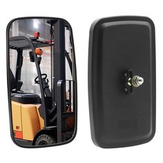 a forklift reflected in the side mirror of a vehicle on a white background with clippings