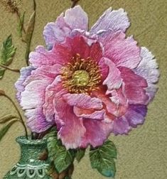 a painting of a pink flower in a green vase on a beige background with leaves