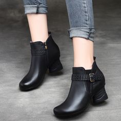 Women Shoes Main Material: CowhideHeel Type: ChunkyUpper Material:Cow LeatherHeel Height: Middle (6 cm)Closure Type: Side Zipper Size:35-40 Click:Shoes size Chart Size Length Cm Inch 35 22.50 8.86'' 36 23.00 9.06'' 37 23.50 9.25'' 38 24.00 9.45'' 39 24.50 9.65'' 40 25.00 9.84'' Women Ankle Boots, Chunky Heels Sandals, Winter Boots Women, Womens Sandals Flat, Shoe Lover, Shoe Size Chart, Pump Sandals, Womens Boots Ankle, Strappy Sandals