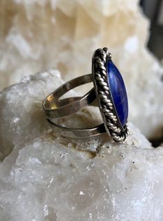 Sterling Silver Blue Lapis Lazuli Native American Vintage Ring Face of ring measures over 1 inch tall Ring size 8 Blue Gemstone Ring Jewelry, Blue Spiritual Open Ring Jewelry, Spiritual Blue Open Ring Jewelry, Spiritual Blue Crystal Ring, Blue Sapphire Unique Promise Ring, Unique Blue Sapphire Promise Ring, Sapphire Lapis Lazuli Ring Jewelry, Adjustable Blue Turquoise Toe Ring, Blue Bohemian Jewelry With Metal Ring