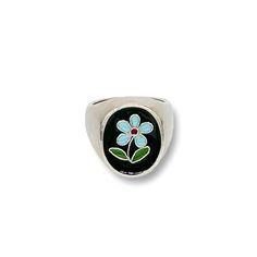 Silver & Enamel Ring - This sterling silver signet ring was hand-carved in wax and then cast in sterling silver. The flower was created using the cloisonne technique then enameled and kiln-fired multiple times to achieve the desired result. This one-of-a-kind ring is a size 6.25. Oval Enamel Ring With Polished Finish, Flower-shaped Enamel Ring As Gift, Flower-shaped Enamel Ring For Gift, Flower Shaped Enamel Ring As A Gift, Flower Shaped Enamel Ring For Gift, Floral Enamel Ring As Gift, Sterling Silver Enamel Ring With Polished Finish, Unique Enamel Flower Shaped Jewelry, Enamel Flower Ring For Anniversary