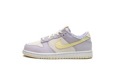 The Nike Dunk Low PS "Easter" is the preschool sizing of the classic basketball shoe in an Easter-inspired colorway.  The “Easter” Dunk Low features a fresh design with pastel colors that are commonly associated with the springtime holiday.  Oxygen Purple leather overlays are layered over the Summit White leather base.  A Topaz Gold leather Swoosh appears on both sides.  Gold accenting also appears on the “Nike” embroidery on the heel and on the tongue tag.  The collar is finished off in a white Easter Shoes, Nike Embroidery, Blue Picnic, Dunks Nike, Glitter Sneakers, Stadium Goods, Loafer Sneakers, Nike Kids, Purple Leather