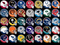 a large group of football helmets with different colors and logos on them, all in the same