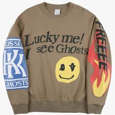 Lucky Me I See Ghosts Graphic Sweatshirts Letter Printing Sweatshirt Cotton Crewneck Pullover B1 Yellow Crew Neck Top With Graphic Print, Yellow Long Sleeve Relaxed Fit Sweatshirt, Brown Long Sleeve Sweatshirt With Graphic Print, Oversized Brown Sweater With Graphic Print, Brown Graphic Print Long Sleeve Sweatshirt, Yellow Cotton Crew Neck Sweater, Yellow Relaxed Fit Cotton Sweater, Oversized Multicolor Letter Print Sweatshirt, Brown Cotton Sweatshirt With Graphic Print