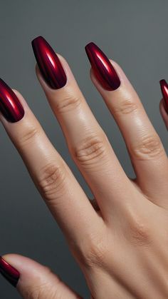 Red Wine Nail Designs, Dark Red Metallic Nails, Deep Red Holiday Nails, Cherry Chrome Nails Designs, Red Christmas Nails Almond Shape, Dark Red Chrome Nails Designs, Burgundy And Chrome Nails, Dark Red Crome Nails