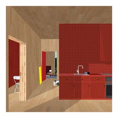 a kitchen with red walls and wooden floors