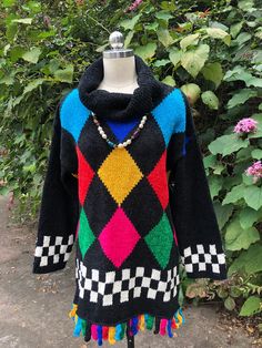 Thank You If You Favored One of My Items! You Will Receive 10% Off an Item of Your Choice, Unless It Is On Sale, Code17. Thank You. 80's CAROLE LITTLE Sweater/80's Sweaters/80's Fashion/Checker Board Sweater/Oversized Sweater/Vintage Carole Little/DEADSTOCK Mint Condition 80's CAROLE LITTLE Sweater You Are Currently Viewing a Beautiful Vintage DEADSTOCK 1980's Carole Little Checkerboard Sweater. This Sweater Features a Beautiful Diamond and Checkerboard Pattern with Fringe in the Bright Colors o Checkerboard Sweater, 80's Fashion, 80’s Fashion, Nordic Sweater, Checker Board, 80s Sweater, Pull Oversize, Sweater Oversized, Checkerboard Pattern