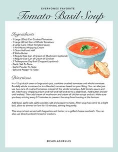 the recipe for tomato basil soup is shown in this brochure, with instructions to make