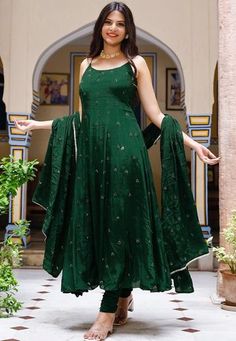 Faux Crepe Anarkali Kameez in Dark Green. This Readymade Sleeveless attire with Shantoon Lining is Enhanced with Resham and Sequins Work, Along with Gota Lace Work on Dupatta .Crafted in Round Neck. Available with a Shantoon Churidar in Dark Green and a Faux Crepe in Dark GreenThe Kameez and Bottom Lengths are 50 and 45 inches respectively. We sell all kinds of salwar kameez sets for women Georgette Salwar Kameez | Crepe Salwar Kameez | Art Silk Salwar Kameez | Velvet Salwar Kameez | Chiffon Sal Embroidered Art Silk Maxi Length Dupatta, Embroidered Art Silk Maxi Dupatta, Embroidered Maxi Length Art Silk Dupatta, Semi-stitched Sleeveless Chanderi Dress, Sleeveless Chanderi Anarkali Dress, Unstitched Sleeveless Dress For Eid, Sleeveless Art Silk Dress For Diwali, Sleeveless Chinon Dresses For Eid, Anarkali Sleeveless Georgette Kurta