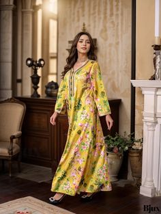 Bjux - Chic Floral Print Kaftan: Sophisticated Long Sleeve Maxi Dress for Womens Fashion Elegant Fabric, Sleeve Maxi Dress, Long Sleeve Maxi, Style Elegant, Sleeve Detail, Long Sleeve Maxi Dress, Long Length, Autumn Summer, Collar Styles