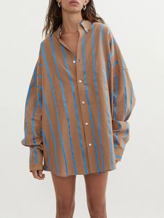 Color: Brown, Size: S Short Women Outfits, Elastic Waist Shorts Outfit, Streetwear Chic, Striped Shirt Women, Stripe Outfits, Striped Pyjamas, Linen Pants Women, Elastic Waist Shorts, Denim Shorts Women