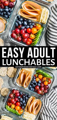 easy and healthy lunches in plastic containers with text overlay that says easy adult lunchables