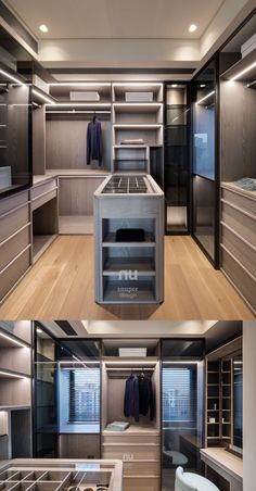 this is an image of a modern walk - in closet with open shelves and drawers