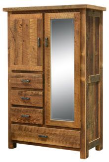 a wooden armoire with mirrored door and drawers on it's sides, against a white background