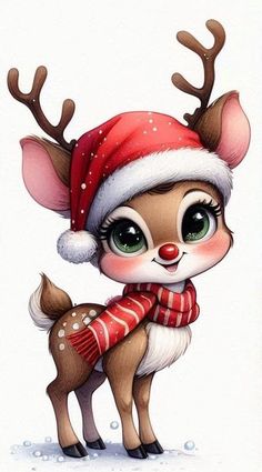 a cute little deer wearing a santa hat and scarf