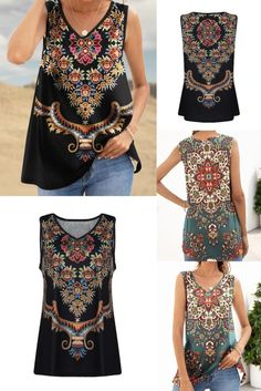 🔥Love this tribal western style tanks for women. Great vintage retro pattern look as it show. Matching with women's jeans, shorts, boots are ok. It's also a wonderful ideas to wear it for your solo travel.🏖️ Multicolor Printed V-neck Tank Top, Bohemian V-neck Vest For Spring, Multicolor V-neck Tank Top Vest, Multicolor V-neck Tank Top, Casual Sleeveless Boho Print Tops, Multicolor V-neck Tank Top For Vacation, Bohemian Printed Tank Top For The Beach, Spring Sleeveless Boho Print Tops, Bohemian Printed Tank Top