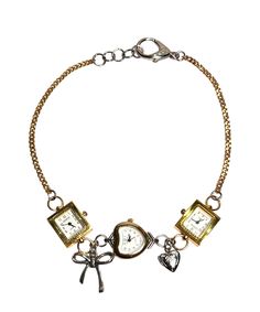 Capture the essence of vintage charm with the Mixed Metals Gold & Silver Watch Necklace. This unique jewelry piece blends functionality with elegance, making it perfect for those who appreciate statement pieces Key features: Two gold watch faces and one silver heart-shaped watch face Engraved heart charm that opens upand bow charms Versatile design suitable for casual and semi-formal occasions Big clasp to make it easy to put on and remove Adjustable - All jewelry has extenders for a comfortable Gold Pocket Watch With Metal Dial, Elegant Yellow Gold Pocket Watch, Elegant Brass Jewelry With Heart Charm, Vintage Stainless Steel Box Chain Jewelry, Vintage Gold Pocket Watch In Stainless Steel, Timeless Gold Metal Pocket Watch, Timeless Silver Brass Jewelry, Gold Stainless Steel Formal Pocket Watch, Elegant Yellow Gold Pocket Watch For Anniversary