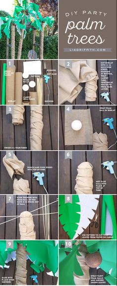 the instructions for making paper palm trees are shown in several different ways, including one that has been folded