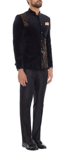 Black and Grey color Jodhpuri Suit in Velvet fabric with Embroidered, Thread work Black Embroidered Nehru Jacket For Diwali, Embroidered Black Nehru Jacket For Diwali, Black Embroidered Bandhgala With Traditional Drape, Embroidered Black Bandhgala With Traditional Drape, Festival Bandhgala With Dupatta In Chanderi Fabric, Festival Chanderi Bandhgala With Dupatta, Festival Bandhgala With Dupatta In Chanderi, Formal Unstitched Suit With Resham Embroidery, Formal Unstitched Suit With Zari Work